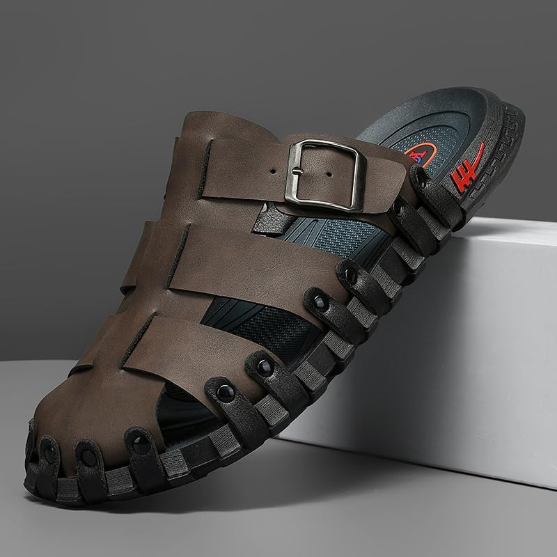 Mens Leather Beach Slides Sandals For Men Closed Toe Hiking Outdoor Athletic Casual Walking Sandals Water Shoes Summer Fisherman