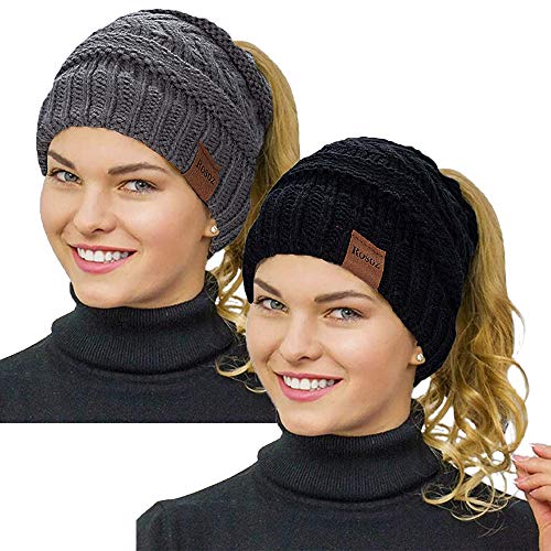 Rosoz 2 Pack Ponytail Beanie for Women,Winter Warm...
