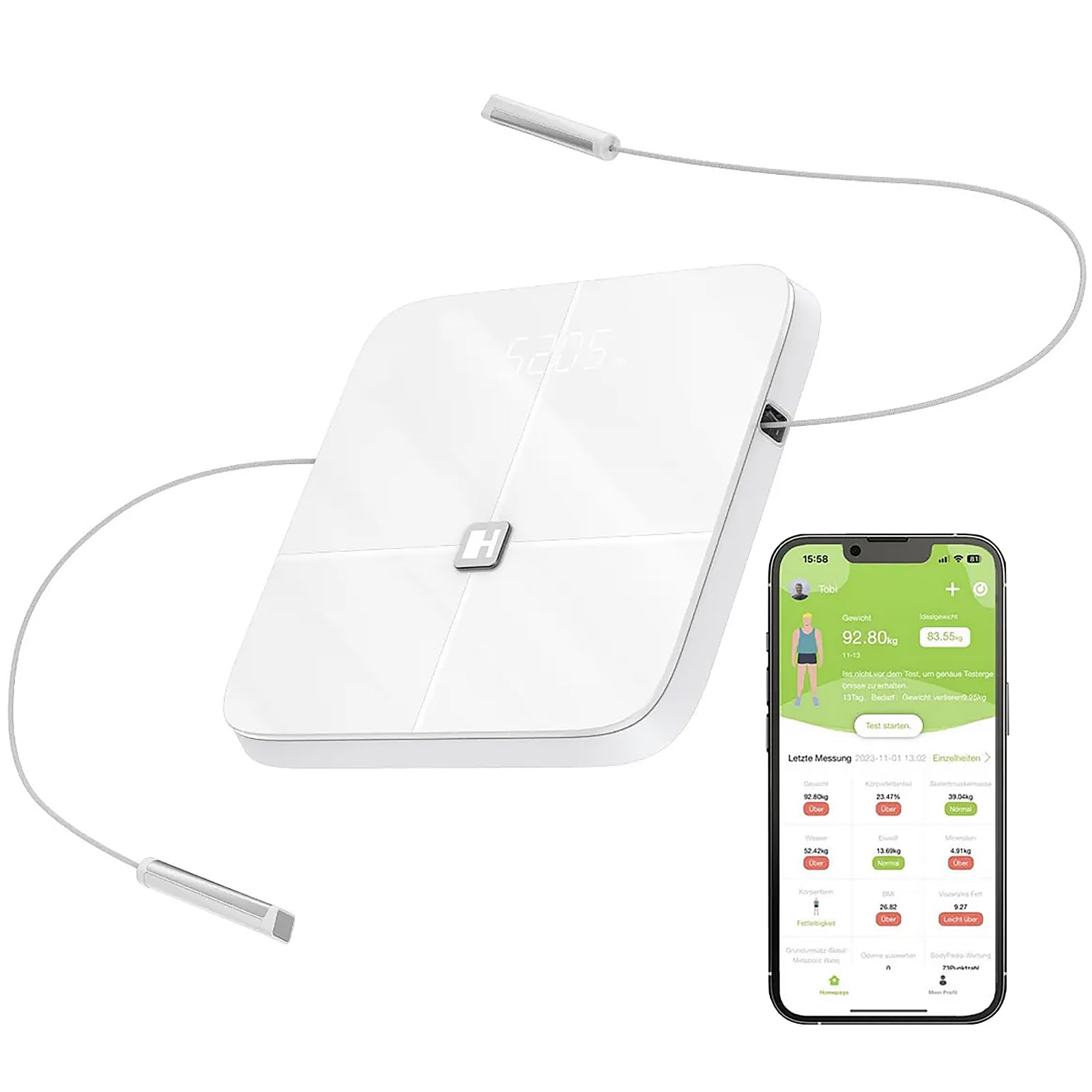 HAMMER Körperanalysewaage Body Screen TX in weiß - Körperwaage mit 43 Gesundheitsdaten, Körperfettwaage mit 8 Sensoren, Innovative, segmentale Körperanalyse, Waage mit App und Bluetooth