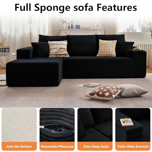 Image of 96 inch Modular Sectional Sofa,Modern Corduroy Cloud Couch,Boneless Couch Upholstered 3-Seater L-Shaped Sofa for Living Room,Couch in a Box No Assembly (Black, Left-Facing Chaise)