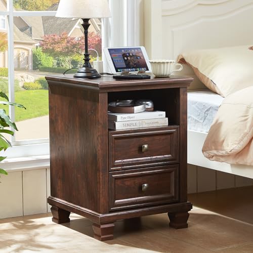 SAVOR LIFE Farmhouse Nightstand with Charging Station, Rustic Brown Nightstand,2 Drawers End Table...