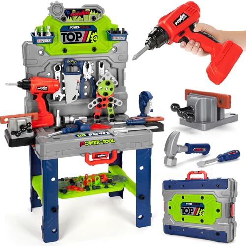 Kids Tool Bench Set with Electric Drill and Realistic Tools, Construction Workbench Playset Toy for Toddler 3-5, Easy Set up, Kids Boy Toys, Birthday...