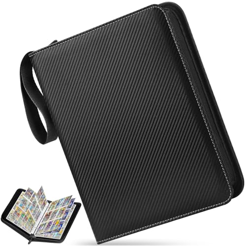 Álbum Cartas Cremallera 50 Páginas, Album Pokemon Carta Coleccionables Extraíbles 900 Tarjetas, Carpeta Titular Fundas Bolsillo Impermeable Transparente para Varias Tarjetas Regalos Niños (Negro)