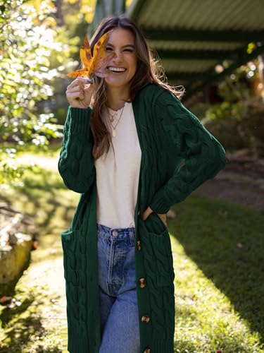 Image of PRETTYGARDEN Long Sleeve Cable Knit Long Cardigan for Women 2026 Spring Winter Chunky Open Front Button Sweaters with Pockets