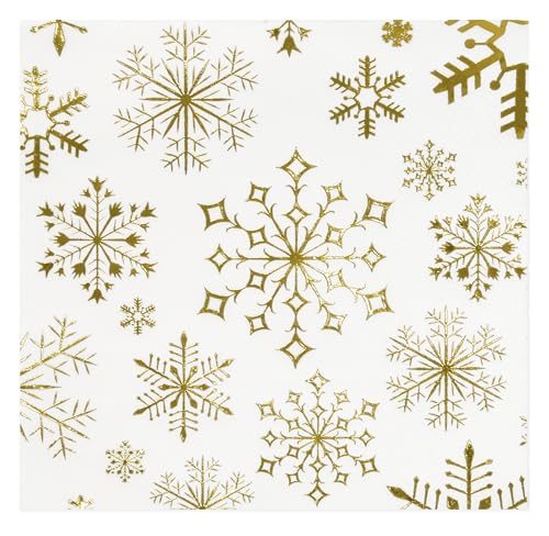 100 Christmas Snowflake Cocktail Beverage Napkins Holiday Disposable Paper Napkin Gold White Snowflakes Dessert Napkins for Home Dinner Buffet Xmas Decorative Tableware Party Supplies Decorations