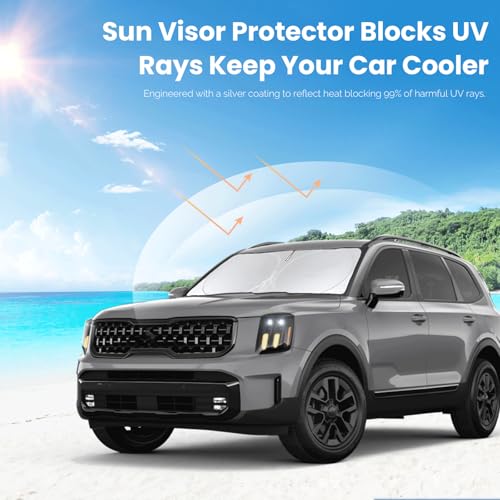 Custom Fit Telluride Windshield Sunshade for Kia Telluride 2020-2025 Front Window Shades Cover for Windshield Sun Visor Protector 210T Reflector Block Heat and Sun Protection Cooler Car Accessories