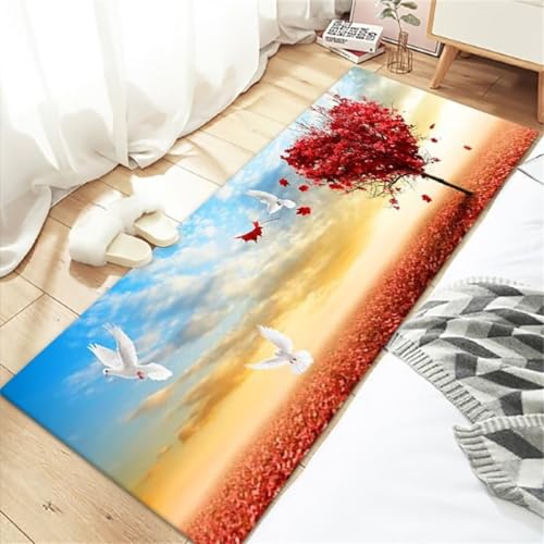Tapis pas de perte de cheveux bleu 70x140 pour décoration de chambre fille avec cœur rouge et arbre - 2