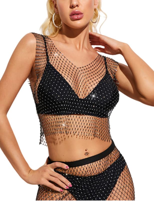 Comparativas de Mallas decorativas para baños más recomendados. 37 Bsubseach Mujer Ropa de Playa Traje de baño Cover Up de Red Sexy Top de Malla Transparente Cubiertas de Baño con Rhinestones Negro S