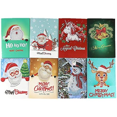 Meccion 8 Pcs Christmas Cards 5D DIY Diamond Painting,Envelopes Holiday Greeting Cards Kits Include Christmas Bells, Reindeer, Snowman, Santa Claus Cards (8PCS) Cover