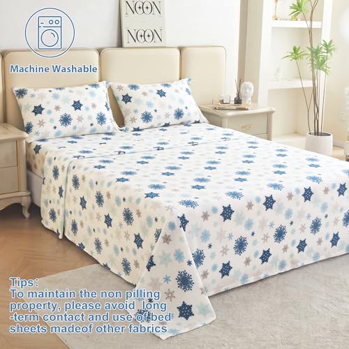 Image of Fleece Sheet Set Full, Soft Plush Bed Sheets, 4-Piece, Snowflake | 100% polar fleece, plush on both sides for winter warmth; low-shedding, pill-resistant, 15-inch pocket, machine washable