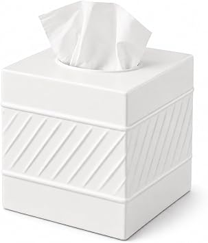 Monarch Abode Tissue Box Cover Square Handcrafted Wave Embossed White Metal Tissue Holder Box for Bathroom Accessory, Aesthetic Decorative Facial Napkin Cube for Modern Home Decor