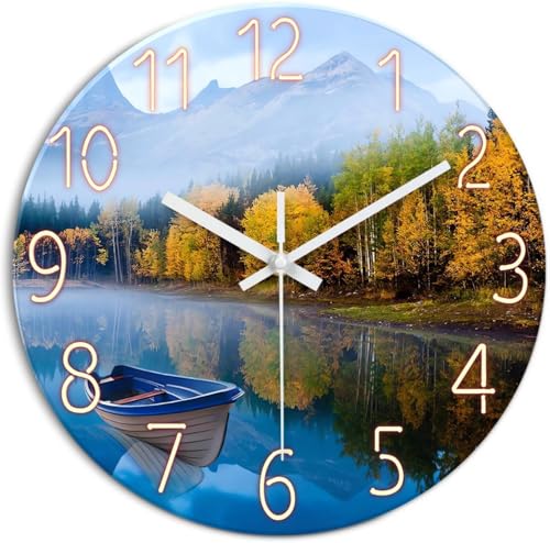 Image of XFM Natural Landscape Wall Clock 12 Inch Lake Boat | Silent Non-Ticking Battery Operated Modern Glass Nature Decorative for Living Room Kitchen Bedroom Office