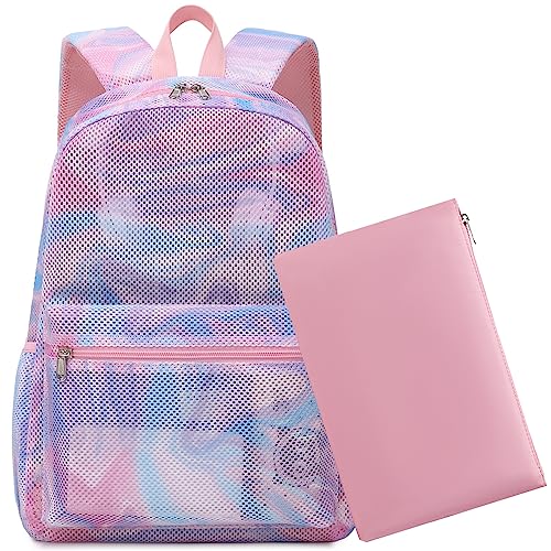 Dafelile Mesh Backpack for Girls,Semi-transparent School Backpacks,See Through Mesh Back pack with Large Makeup bag/Pencil Bag for Travel, School, Beach