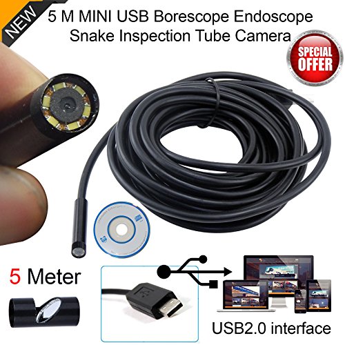 Versión mejorada con USB cubierta 5 m endoscopio USB 7 mm diámetro impermeable cámara inspección serpiente tubo (7 mm 5 m actualizado) por Bositools