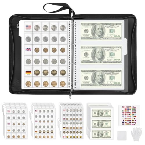 MoKo Coin Collection Book, 356 Pockets Fireproof Album Holder & 36 Sleeves Currency Storage Binder, Supplies for Bill Penny Quarter Stamp, Black