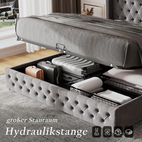 Skcess Doppelbett 180X200 Polsterbett Ohrenform Doppelte Nietenreihe Flanell, Knopfnähte Kopf-Und Fußende, Hydraulisches Funktionsbett, Grau – Bild 5