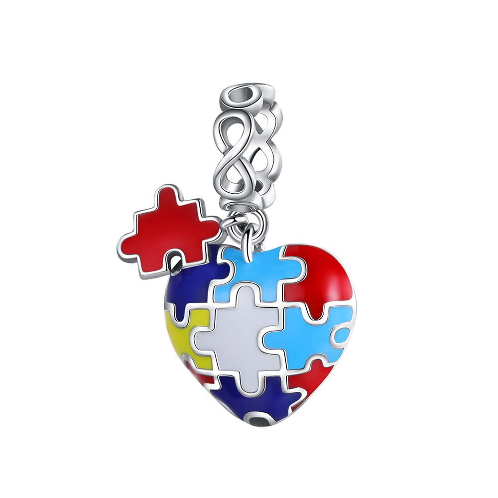 Sterling Silver Autism Awareness Heart Charm Bead - Puzzle Piece Design With Dangling LOVE, Fits Pandora Bracelets - View #4