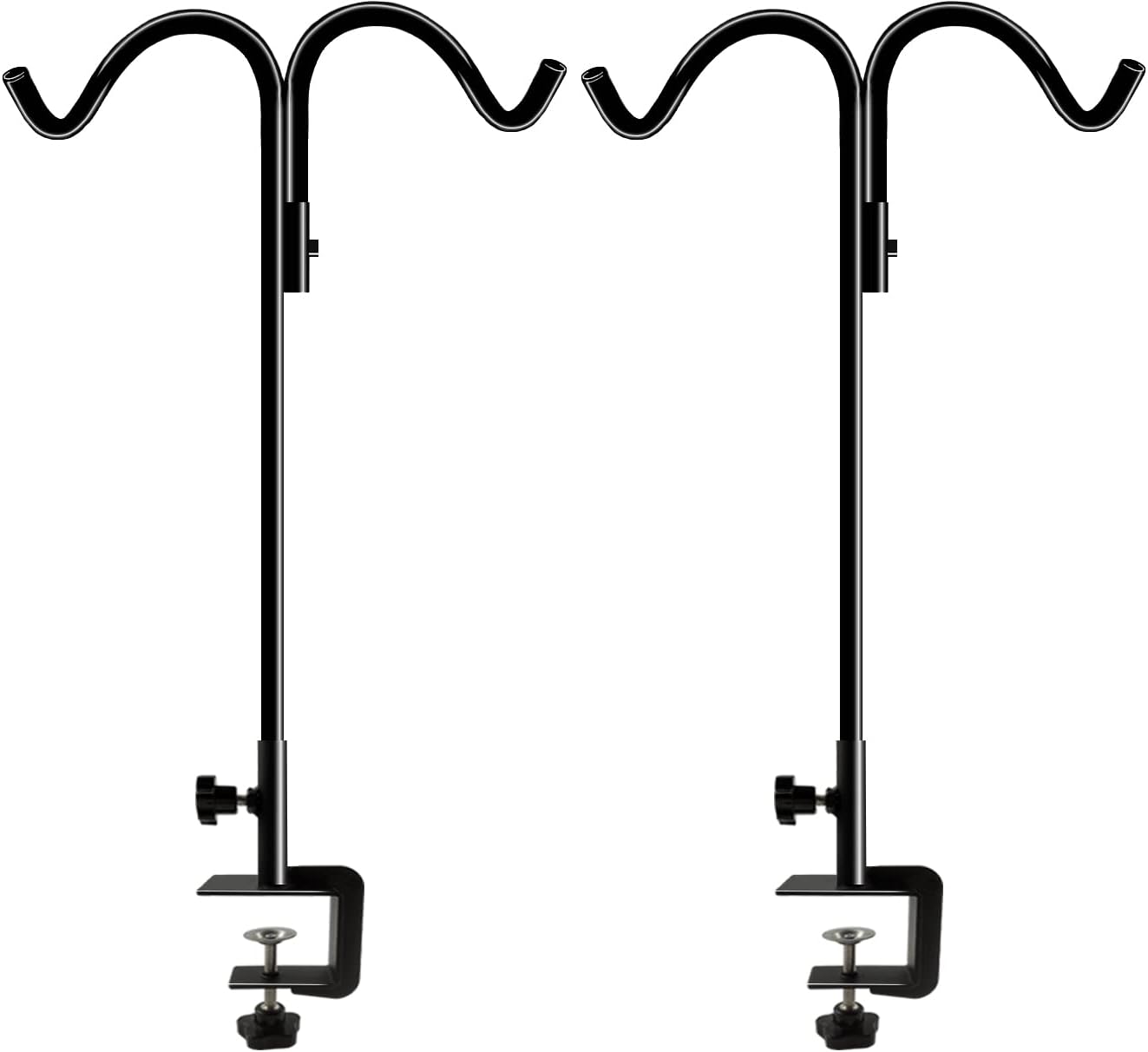 Koutemie 40 Inch Tall Double Deck Hook for Railing, Adjustable Outdoor Shepherds Hook with 2-Inch Strengthened Clamp for Hanging Plant Bird Feeder, 2 Pack