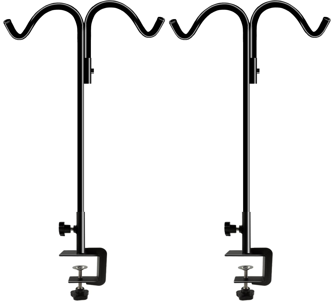 Koutemie 40 Inch Tall Double Deck Hook for Railing, Adjustable Outdoor Shepherds Hook with 2-Inch Strengthened Clamp for Hanging Plant Bird Feeder, 2 Pack