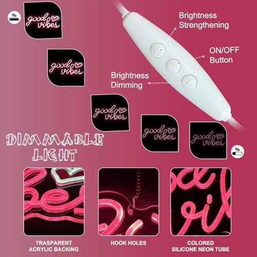 Image of Good Vibes Neon Sign 16.1 X 7.8 inch Pink Good Vibes Neon Light with Red Heart UV-Printed Dimmable USB Powered Aesthetic Led Light Up Sign for Bedroom Girls Room Birthday Party Bar Wedding Present