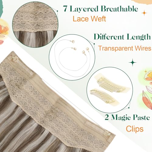 Easyouth Human Hair Wire Extensions Highlight Blonde Invisible Wire Human Hair Extension 20Inch One Piece Fish Line Hair Extensions Brown Mixed Blonde for Women 100g #8P60 - Image 3