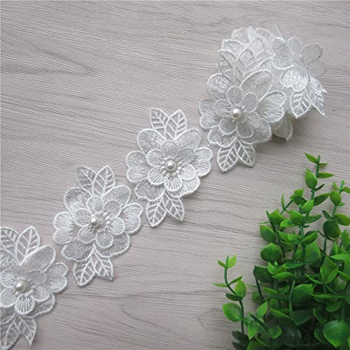 Shbbon K79-M5 2 Yards 3D Flower Lace Trim Pearl Embroidered Polyester Lace Ribbon Fabric Applique Patchwork thumb #4
