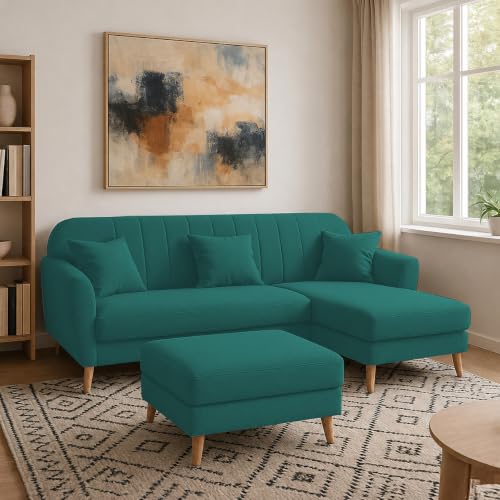 Image of Atticus RHS 4 Seater L Shape Sofa Set with Ottoman for Living Room (Pine Fabric) Premium Fabric Sofa Set