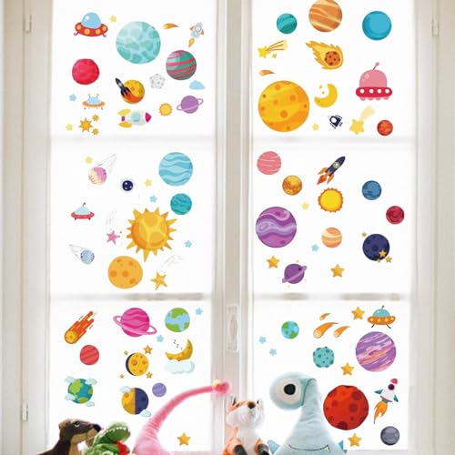 PLIGREAT 9 Sheets Space Theme Summer Window Clings Anti-Collision Static Window Decals Removable Window Stickers for Living Room Bedroom Nursery Glass Door Window Decoration Non-Adhesive Sticker