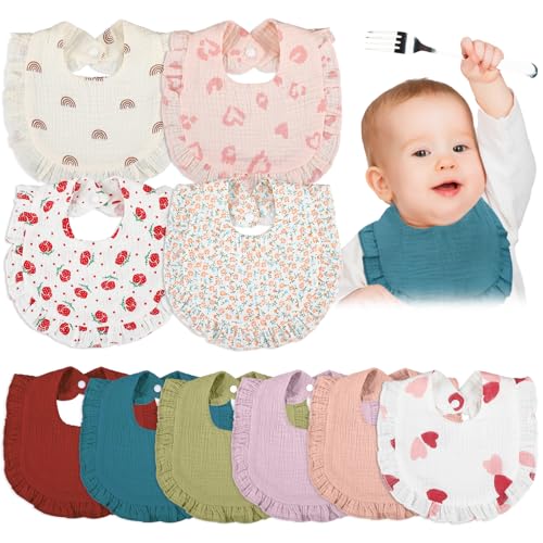 Image of Seematn 10 Pcs Baby Muslin Bibs for Unisex Girls & Boys Drool Bibs Bandana Ruffle Soft Cotton for Newborn Infants Toddlers(Pastel Colors)