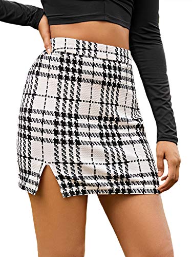 Floerns Women's Casual Split Hem High Waisted Mini Bodycon Plaid Skirt