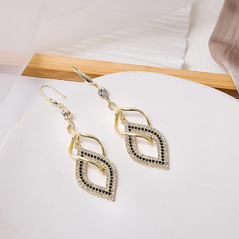 Black and Gold Earrings for Women Gold Dangle Earrings Long Swirl Infinity Drop Earring Double Linear Spiral Teardrop Earring Elegant Bridal Jewelry for Brides4