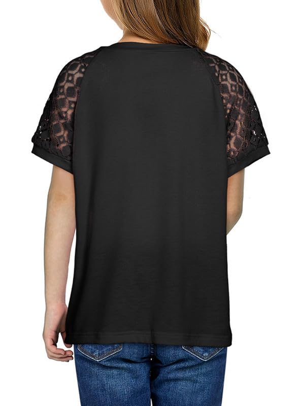Girls Fashion Lace Short Sleeve Shirts Casual Button Crewneck Blouses Tops 6-15 Years2