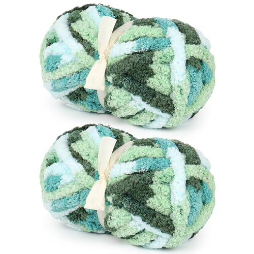Image of Aeelike Chunky Chenille Yarn for Blanket,Jumbo Yarn for Hand Kniting,2PCS | #10 Giant Soft Chenille Yarn,Quick Easy Thick for Hand Knitting,Tie Dye Mixed Green Yarn,28yds /8oz Each Skein