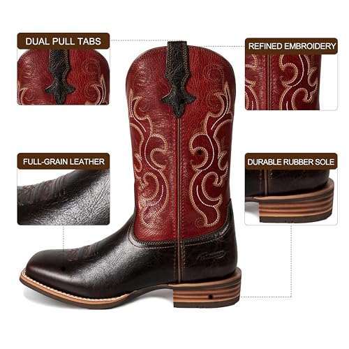 Cowboy Boots for Women Square Toe Western Boots Wide Calf Cowgirl Boots Pull On Embroidered Full Grain Leather(PLT203605-Wine Red)3
