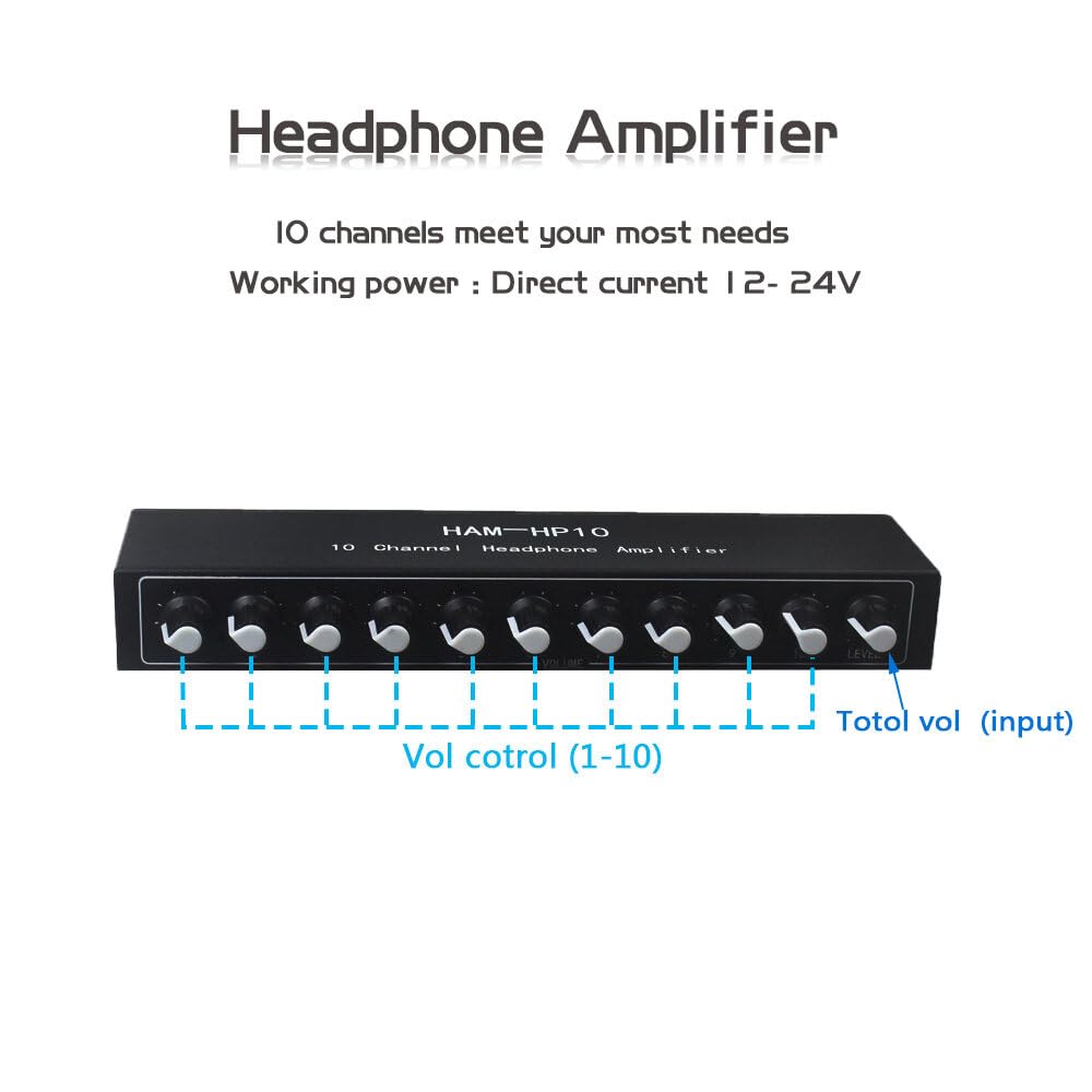 VIDOO HAM-HP10 10-Kanałowy Wzmacniacz Słuchawkowy Stereo 1 Wejście 10 Wyjść 12dB Wzmocnienie NJM4556A Jack 3.5mm DC 12-24V