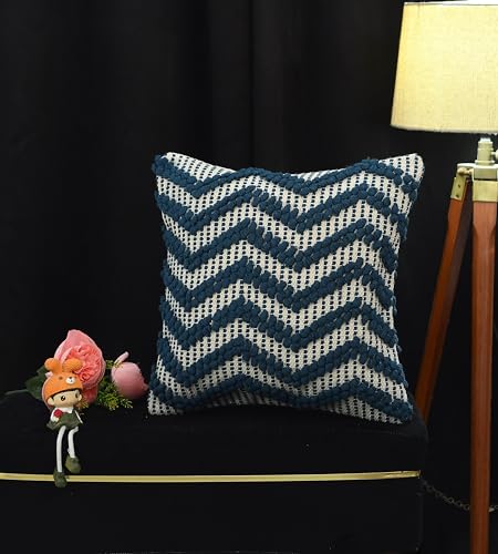 Image of TIB Premium Boho Decorative Throw Cushion Covers, 16 x 16 cm, Set of 2, Cotton. (Zig Zag Navy Blue)-230 TC