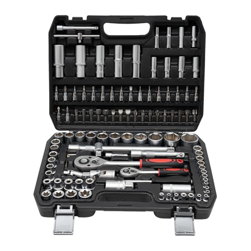 CeRaBuRET 108-piece Mechanics Tool Set with Carrying Case, Metric 1/4 and 1/2 Drive Socket Set, Extension Bars, Sockets, Quick Release Reversible Ratchet Wrench, Fit for Automotive Repair Workers