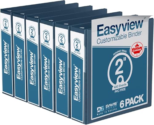 Image of Easyview 3-Ring Binder, Clear-View Cover, 2 inch Round Rings, Navy Blue, 6 Pack | Heavy-duty binder, fits 8.5 inch x 11 inch paper, customizable cover, made in Canada, ideal for school or office use