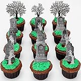 Whaline 37Pcs Halloween Cupcake Toppers Zombie Hand Tombstone Graveyard Cake Toppers Scary Halloween Toothpick Flags Table Centerpiece for Birthday Party Supplies Dessert Decorations