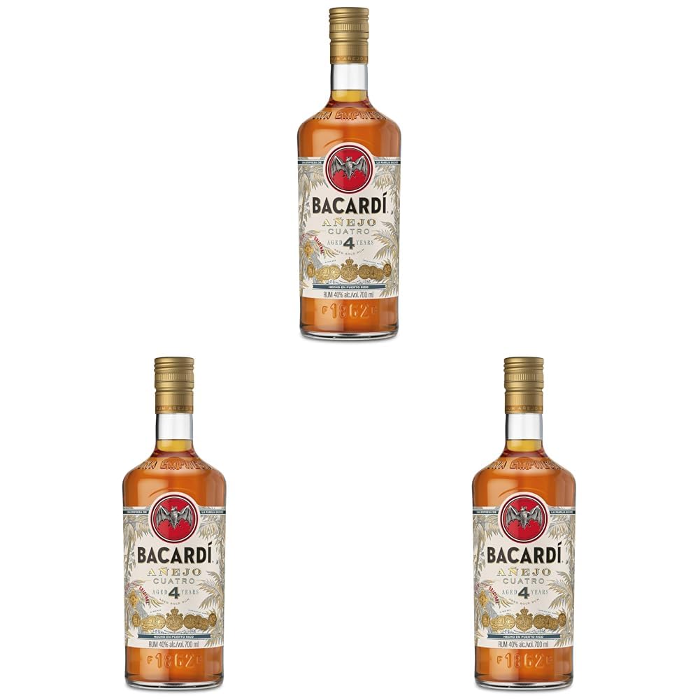 BACARDÍ Añejo 4 Jahre alter Premium Caribbean Rum, 40% Vol., 70 cl/700 ml, im Eichenfass gereifter Karibik-Rum, 4 Jahre unter karibischer Sonne gelagert, ideal als Geschenk (Packung mit 3)