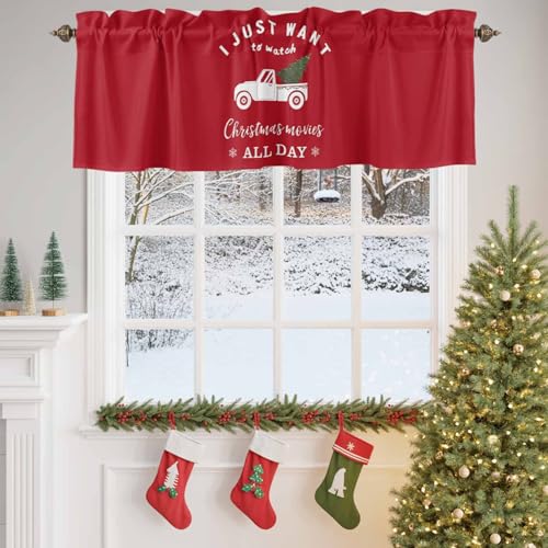 Valances for Windows, Christmas Farm White Truck Rod Pocket Valance Short Kitchen Curtains for Bedroom Bathroom Living Room, Xmas Red with Quotes Small Window Treatment,1 Panel 42x12in