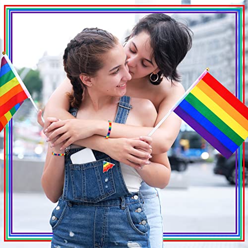 Image of Junkin 80 Pcs Pride Flags Bulk Rainbow Pride Pins Bulk LGBT Lapel Pins Gay Flag Brooch Pins with Rainbow LGBT Pride Bracelet and Pride Hand Held Flag for Clothes Bags Accessories Gifts