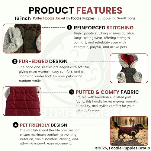 Image of Foodie Puppies Dog Puffer Hoodie Warm Winter Jacket - (Maroon Grey, 16 Inch) for Small Dogs | Ultra Warm Waterproof & Windproof Fur Coat | Washable Pet Vest Apparel for Cold Weather