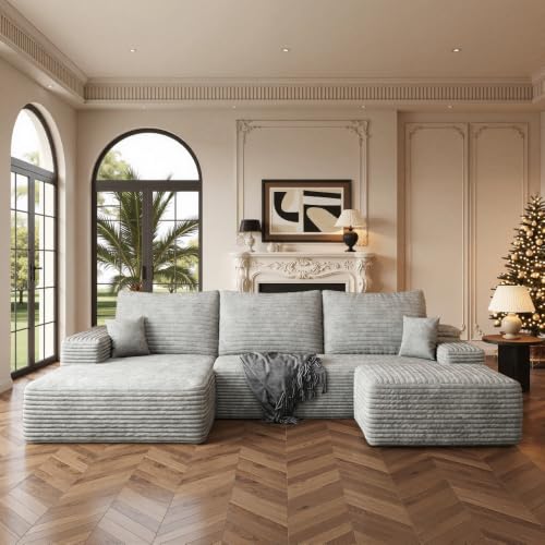 Image of Boneless Couch, Modular Sectional Couches for Living Room, U-Shaped Cloud Couch Sofa with Deep Seat, Fluffy Corduroy Upholstered Corner Sofa