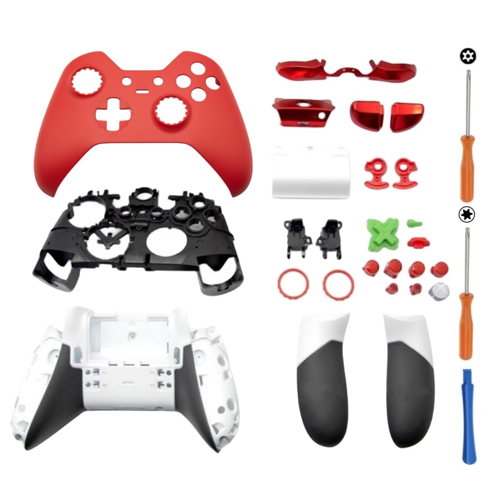 Ersatz-Gehäuse Vollschalen-Kit für Xbox One Elite 1st Controller - Inklusive Faceplates Abdeckung Mittlerer Rahmen Seitenschienen ABXY-Tasten LB RB Stoßfänger Zubehör (Rot)