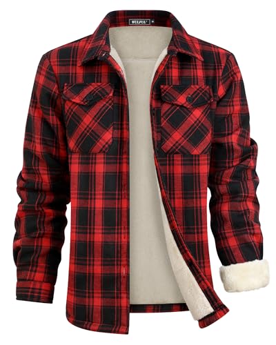WULFUL Men's Flannel Fleece Jackets Sherpa Lined Shirt Jacket Plaid Jackets Shacket Winter Outerwear Warm