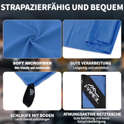 Pameil Mikrofaser Handtuch 3er Set - 160x80cm Groß Badetuch +2 Stück 80x40cm Klein Handtuch - Microfaser Handtücher für Backpacker, Reisehandtuch Schnelltrocknend Perfekte für Fitness (Blau)