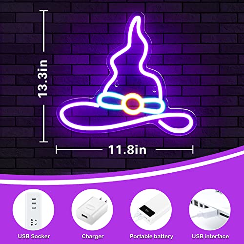 Image of Halloween Witch Neon Sign - IMEGINA Dimmable Wizard Hat Neon Signs for Wall Decor 13.3x11.8 Inch, USB Powered LED Neon Light for Bedroom Party Decor Kids Game Room Bar, Purple