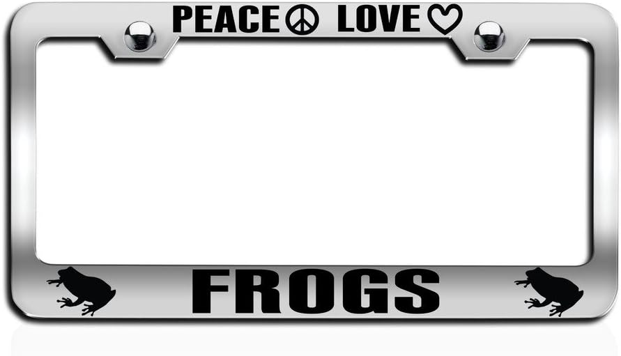 Makoroni - Peace Love Frogs Chrome Steel License Plate Frame, License Tag Holder