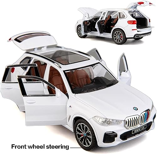Image of PLUSPOINT Diecast X5 SUV Toy Car Scale Model,Pull Back Vehicles Alloy Simulation Supercar with Lights and Sound Also for Car Dashboard, Kids,Adult (BMW X5-White)